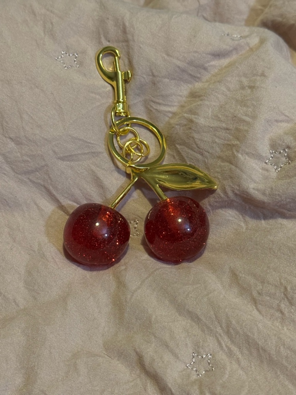 Gold Cherry Keychain with Red Glitter Cherries